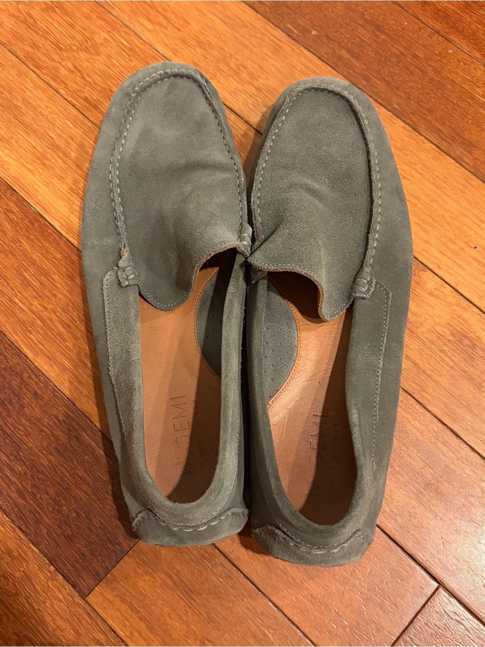 Mens ‘s grey green suede driving loafers